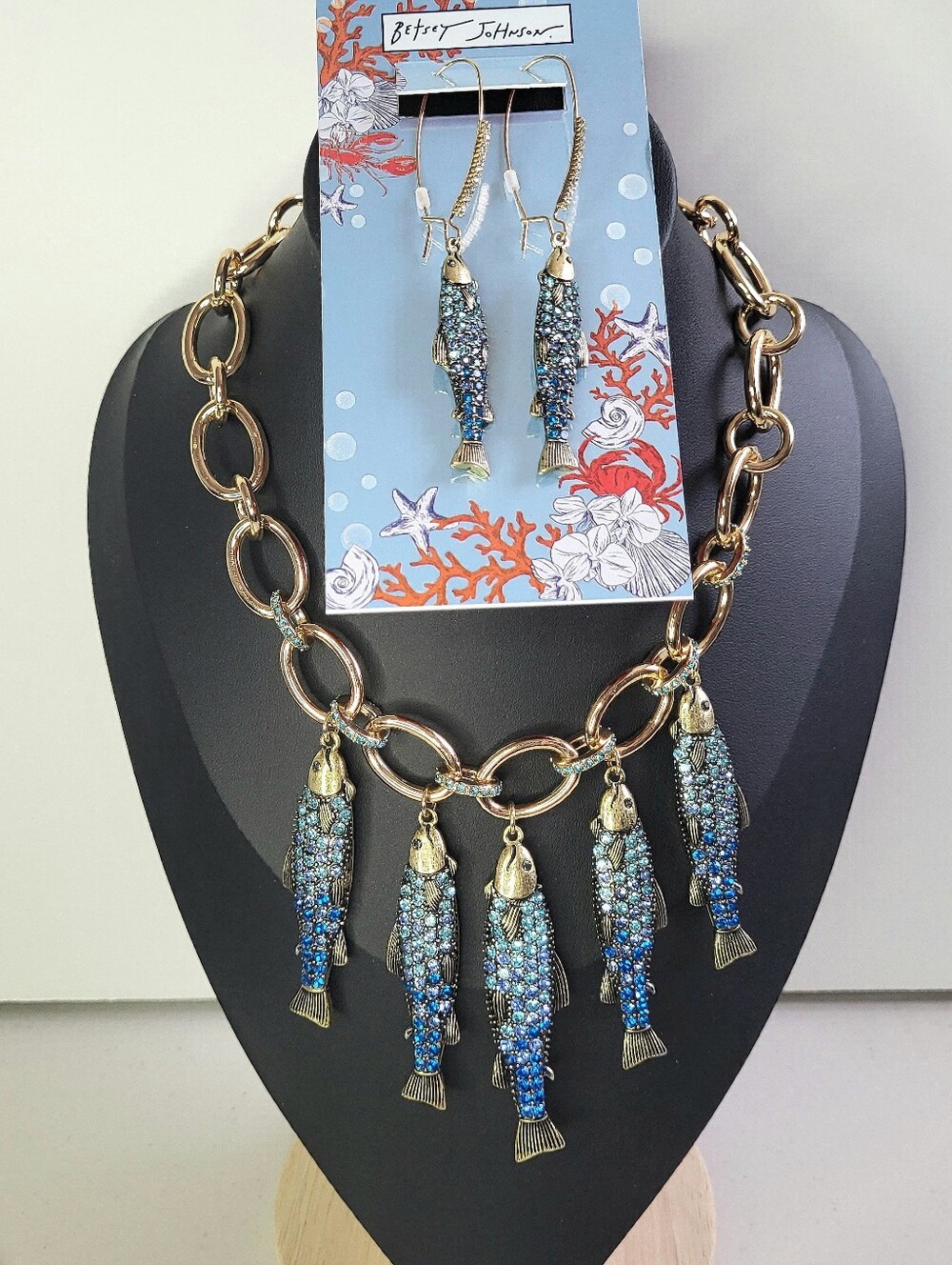 Betsey Johnson Reversible Fish Necklace and Earrings Sardines Blue Crystal NWT